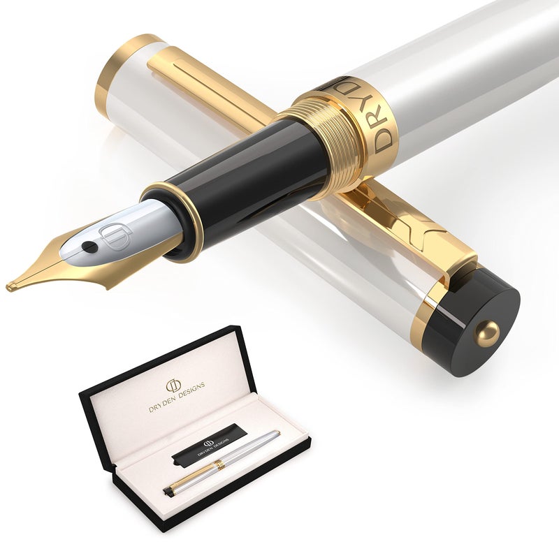Dryden Designs Fountain Pen. Medium Nib Premium Box | 6 Ink Cartridges Included (Pearl White) - Image 1
